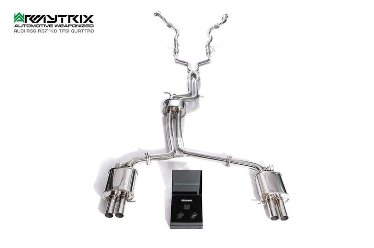 Kit Armytrix pour Audi RS6 C7 (2013-2019) : tube en Y avant, tube de liaison, tube intermédiaire avec résonateur, silencieux Valved et télécommande sans fil.