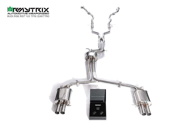 Kit Armytrix pour Audi RS6 C7 (2013-2019) : tube en Y avant, tube de liaison, tube intermédiaire avec résonateur, silencieux Valvetronic et télécommande sans fil.