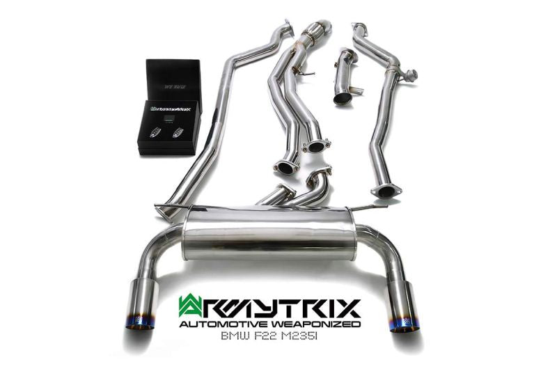 Système d'échappement Armytrix Valvetronic : collecteur avant en Y, collecteur intermédiaire, silencieux Valvetronic, kit de télécommande sans fil et doubles embouts chromés argentés pour BMW F20/F21 M135i (2012-2015)