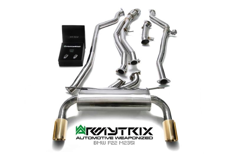 Système d'échappement Armytrix Valvetronic : collecteur avant en Y, collecteur intermédiaire, silencieux Valvetronic, kit de télécommande sans fil et doubles embouts chromés argentés pour BMW F20/F21 M135i (2012-2015)