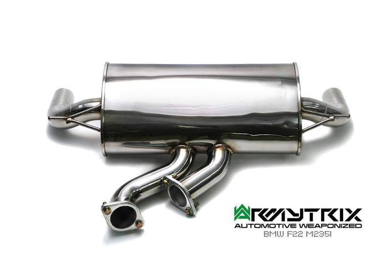 Système d'échappement Armytrix Valvetronic : collecteur avant en Y, collecteur intermédiaire, silencieux Valvetronic, kit de télécommande sans fil et doubles embouts chromés argentés pour BMW F20/F21 M135i (2012-2015)