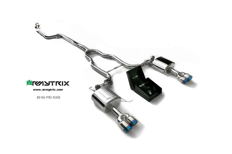 Système d'échappement Armytrix Valved : tube avant + tube intermédiaire + tube en Y + silencieux Valved + kit de télécommande sans fil + quatre embouts chromés argentés pour BMW F10 535i (2010-2017)