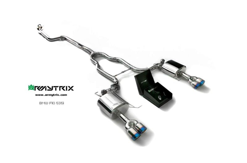 Système d'échappement Armytrix Valvetronic : tube avant + tube intermédiaire + tube en Y + silencieux Valvetronic + kit de télécommande sans fil + quatre embouts chromés argentés pour BMW F10 535i (2010-2017)