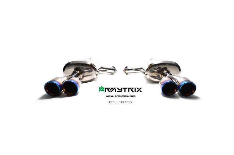 Système d'échappement Armytrix Valvetronic : tube avant + tube intermédiaire + tube en Y + silencieux Valvetronic + kit de télécommande sans fil + quatre embouts chromés argentés pour BMW F10 535i (2010-2017)