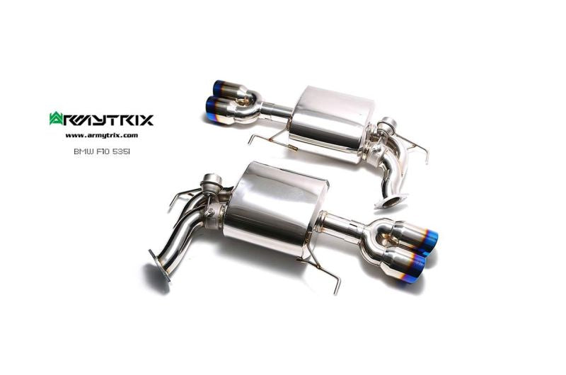 Système d'échappement Armytrix Valvetronic : tube avant + tube intermédiaire + tube en Y + silencieux Valvetronic + kit de télécommande sans fil + quatre embouts chromés argentés pour BMW F10 535i (2010-2017)