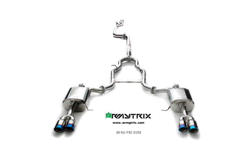 Système d'échappement Armytrix Valvetronic : tube avant + tube intermédiaire + tube en Y + silencieux Valvetronic + kit de télécommande sans fil + quatre embouts chromés argentés pour BMW F10 535i (2010-2017)