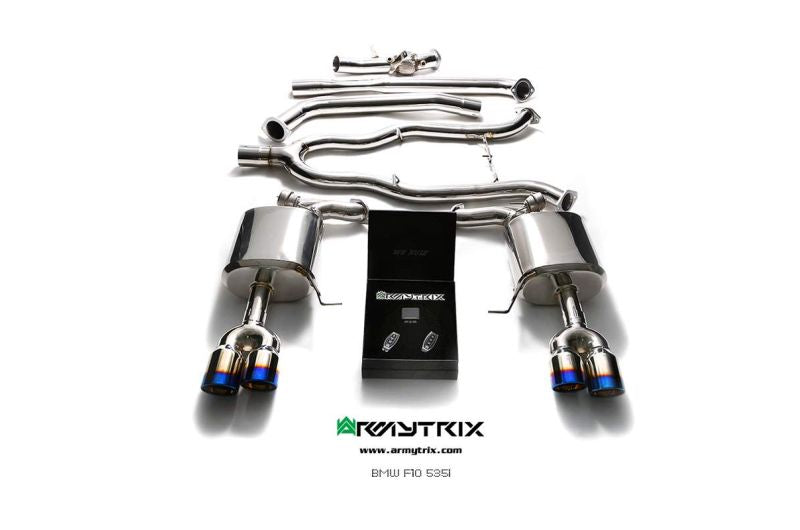 Système d'échappement Armytrix Valvetronic : tube avant + tube intermédiaire + tube en Y + silencieux Valvetronic + kit de télécommande sans fil + quatre embouts chromés argentés pour BMW F10 535i (2010-2017)
