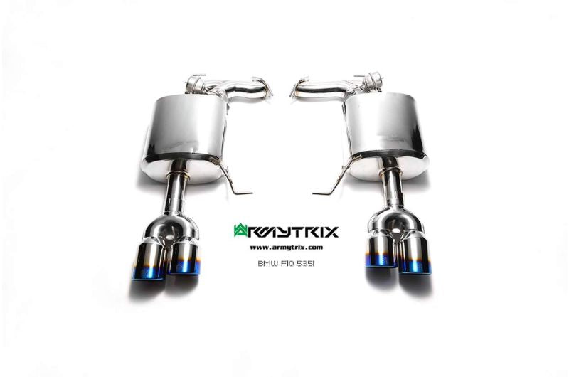Système d'échappement Armytrix Valvetronic : tube avant + tube intermédiaire + tube en Y + silencieux Valvetronic + kit de télécommande sans fil + quatre embouts chromés argentés pour BMW F10 535i (2010-2017)
