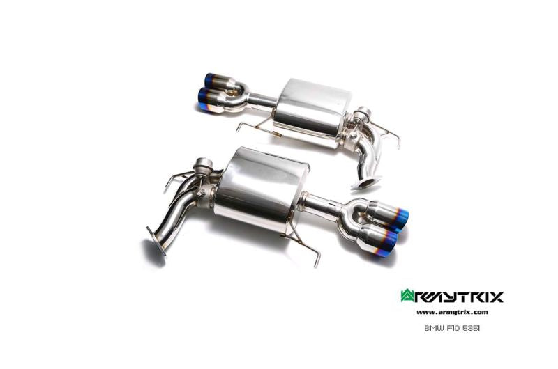 Système d'échappement Armytrix Valvetronic : tube avant + tube intermédiaire + tube en Y + silencieux Valvetronic + kit de télécommande sans fil + quatre embouts chromés argentés pour BMW F10 535i (2010-2017)