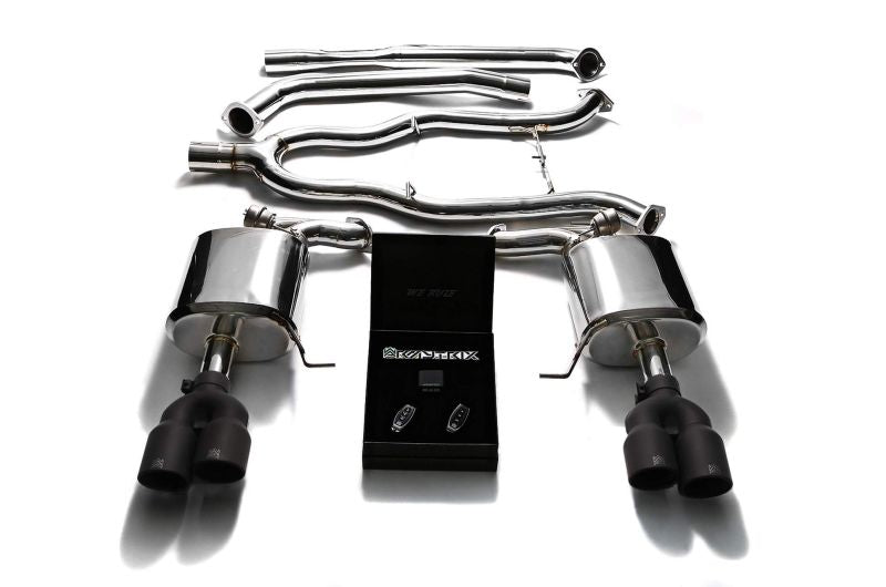 Système d'échappement Armytrix Valvetronic : tube avant + tube intermédiaire + tube en Y + silencieux Valvetronic + kit de télécommande sans fil + quatre embouts chromés argentés pour BMW F10 535i (2010-2017)