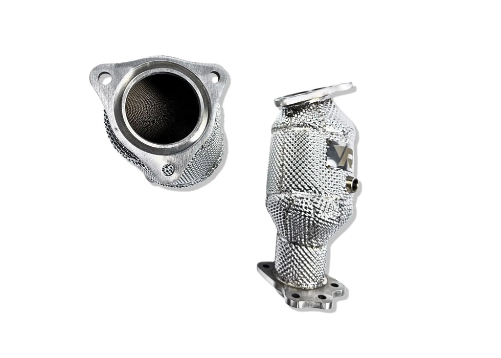 Yonristic MaxFlow cats for the Corvette C8 - pair shown with heat shield wrapping