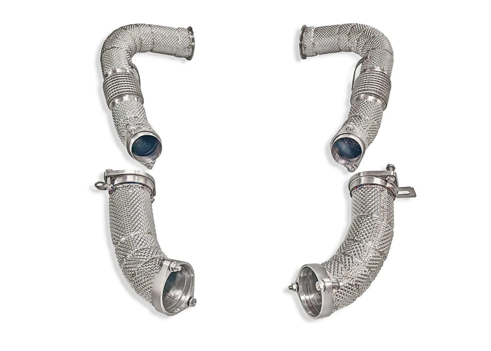 BMW S68 MaxFlow downpipes - full heat shield wrapping