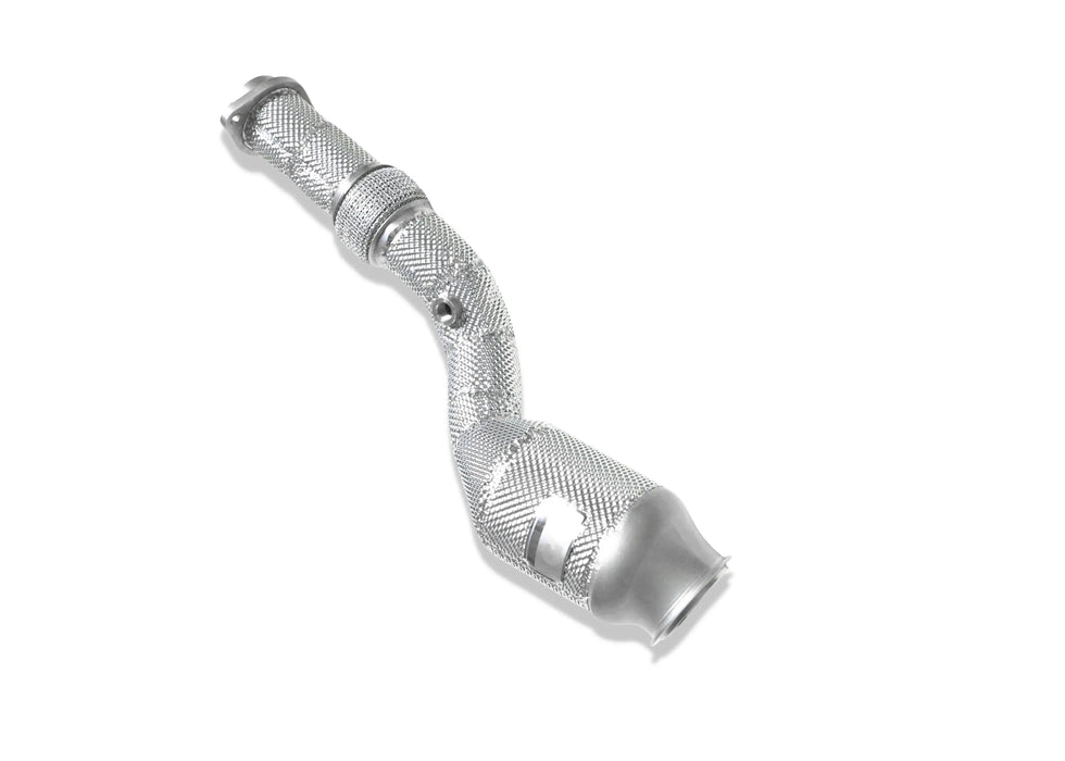 BMW S58 high-flow catted downpipes - full heat shield wrapping